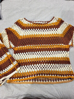Chelsea & Violet Striped Crochet Sweater in Brown & Yellow